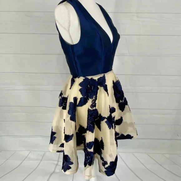 Maniju Blue Ivory Floral Fit and Flare Short Dress Sleeveless Formal Size Large - Picture 5 of 11
